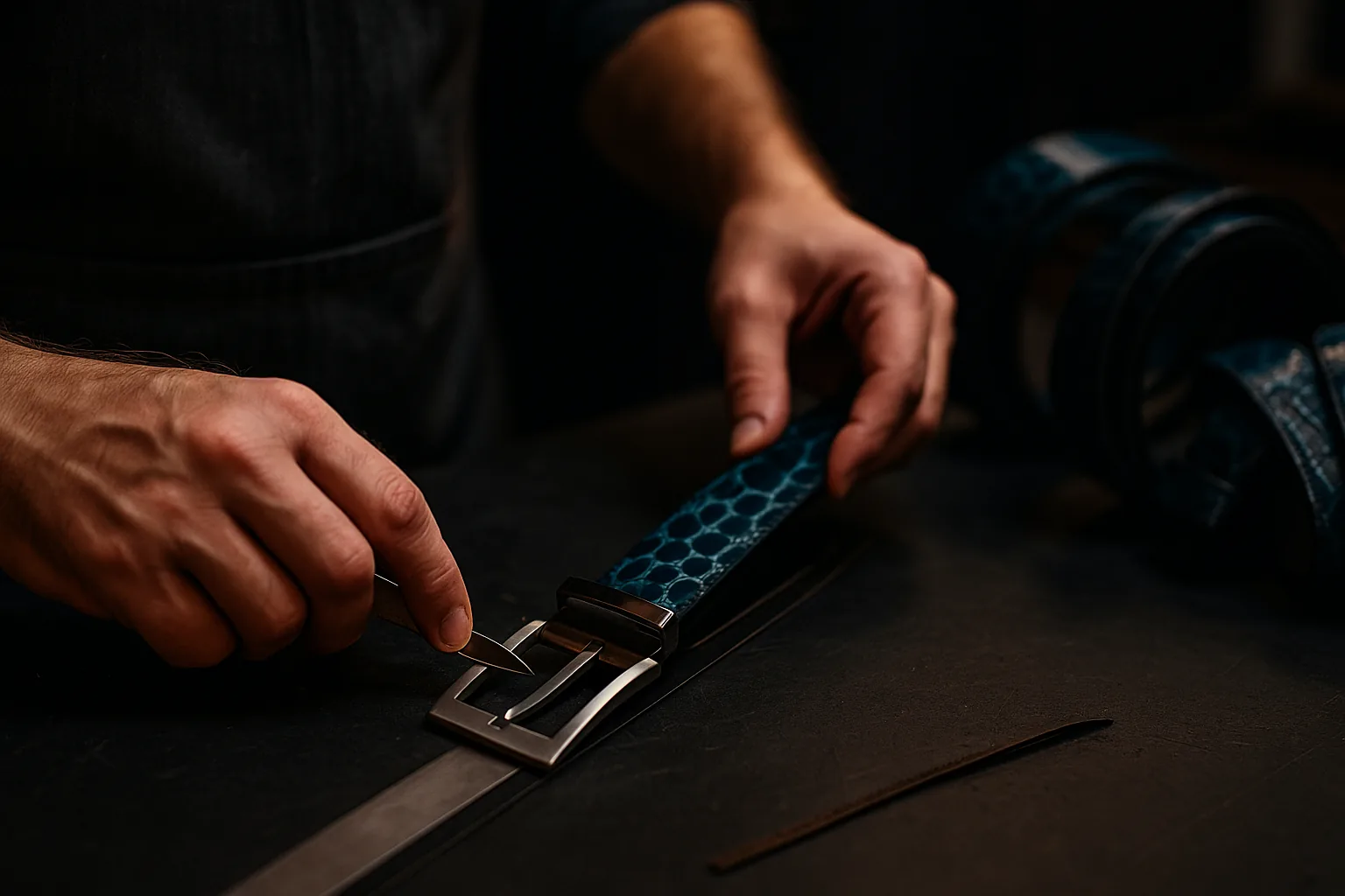 A full-grain leather belt being finished by hand on a workbench