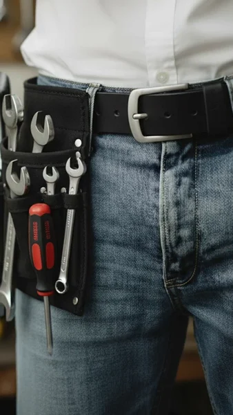 Black Variani belt worn with work jeans and a tool pouch