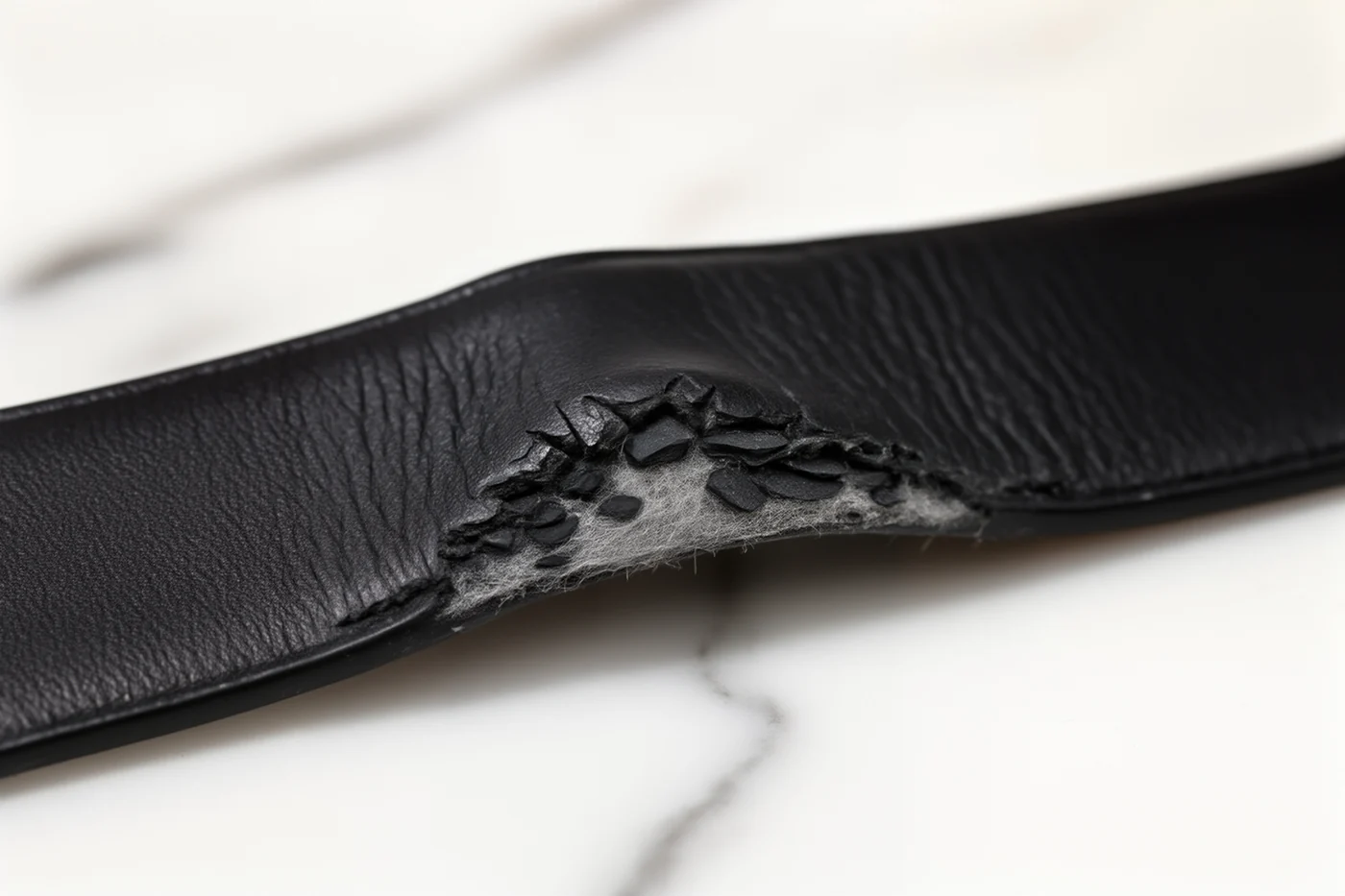 A cheap imitation leather belt strap with its painted coating cracking and flaking along a crease