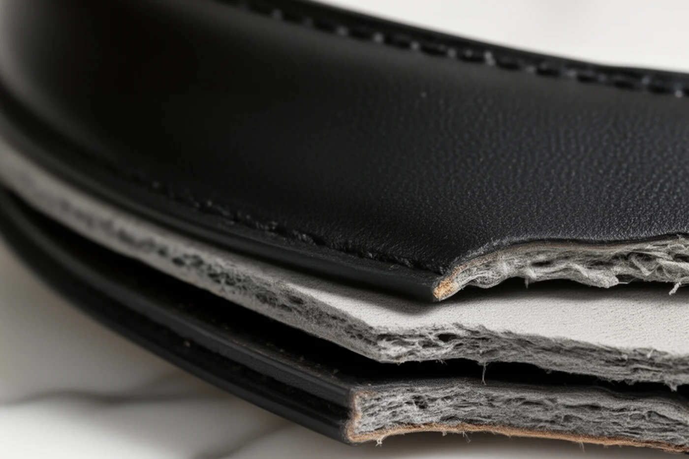 The edge of a bonded leather belt splitting into glued layers with a filler core