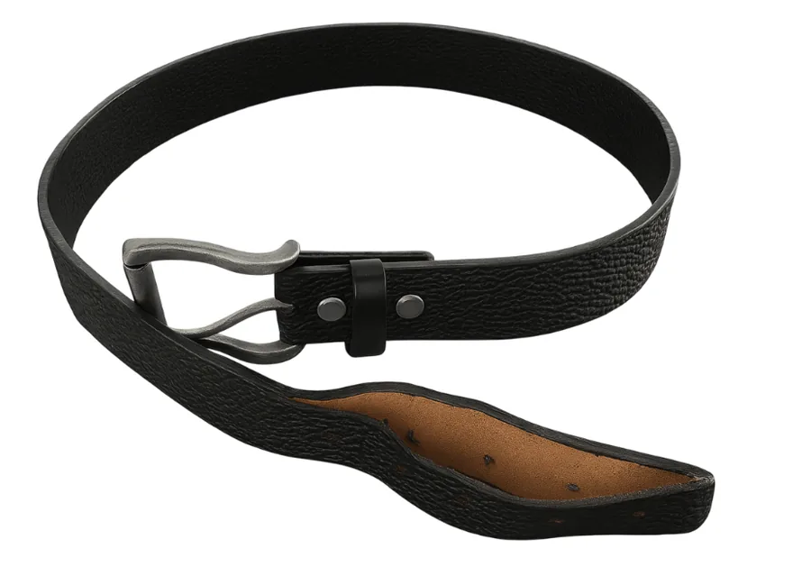 A peeling 'genuine leather' belt with its painted coating coming away from the base