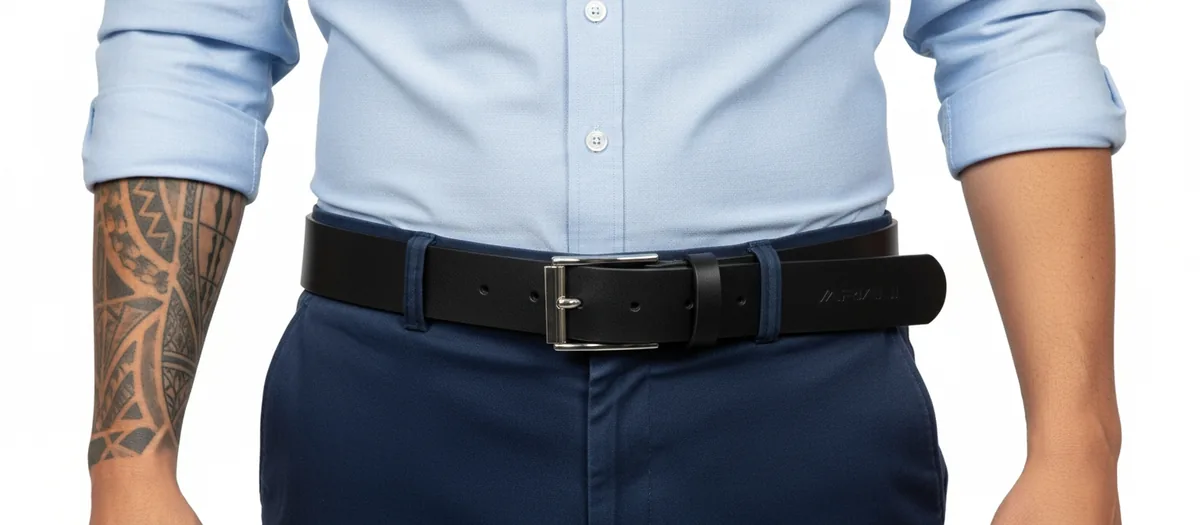 A black Variani full-grain leather belt worn with dress trousers and a shirt